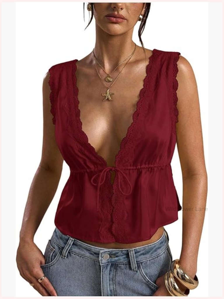 Tie Front Deep V Neck Peplum Top Lace Trim Sleeveless Satin Crop Tank
